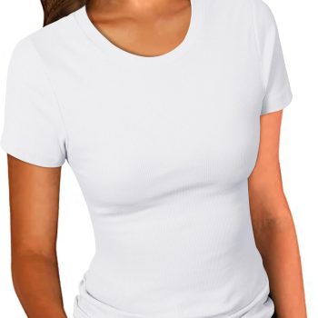 Women Crew Neck Ribbed Fitted Shirt Basic Short Sleeves Summer T Shirt Tops