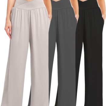 3 Pack Women's Wide Leg Pants Crossover with Pockets High Waist Loose Sweatpants Casual Lounge Yoga Workout