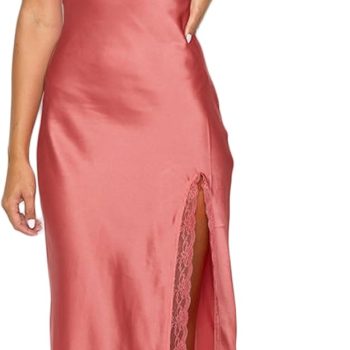 Summer Satin Lace Backless Spaghetti Strap Maxi Dress for Wedding Guest Silk Sleeveless V Neck Slit Ruffled Dress for Women