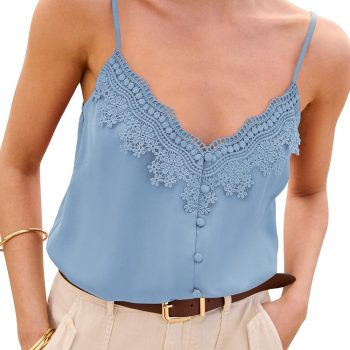 Satin & Lace Camisole — V-Neck Button Detail | Spaghetti Strap Design | Stylish Sleeveless Top