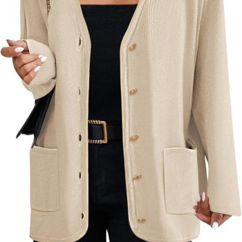 Women's V Neck Button Long Cardigan Sweater Casual  Fall Knit Sweater Blazer with Pockets