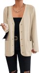 Women's V Neck Button Long Cardigan Sweater Casual  Fall Knit Sweater Blazer with Pockets