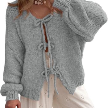 Women's Tie Front Bow Cardigan Sweaters Chunky Knit Long Puff Sleeve Trendy Fall Winter Jacket Coats