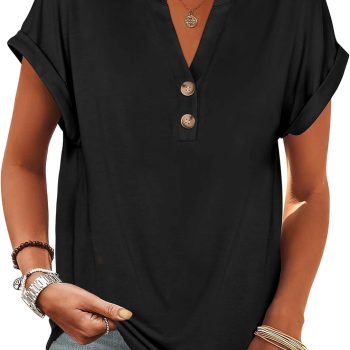 Women Short Sleeve Henley Tops V Neck Dressy Casual Loose Fit Shirts Summer Flowy Blouses  Trendy Clothes