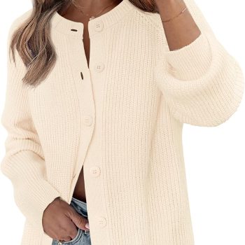 Women's  Long Sleeve Cardigan Sweater Fall Crew Neck Button Open Front Chunky Knit Outfits
