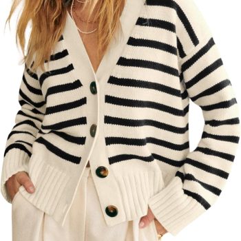 Womens Striped Cardigan Sweaters V Neck Button Down Long Sleeve Open Front Ribbed Knit Outerwear