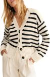 Womens Striped Cardigan Sweaters V Neck Button Down Long Sleeve Open Front Ribbed Knit Outerwear