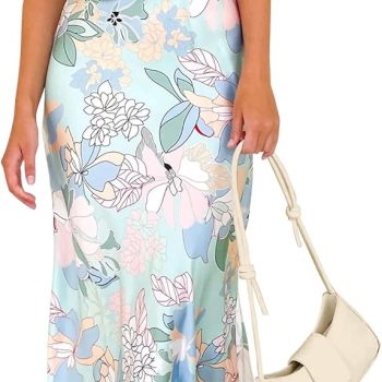 Women  Summer Satin Dress Elegant Sleeveless Mock Neck Cocktail Party Maxi Dresses