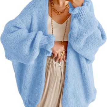 Womens Oversized Open Front Cardigan Fall Ruffle Lantern Long Sleeve Chunky Knit Loose Sweater Coats