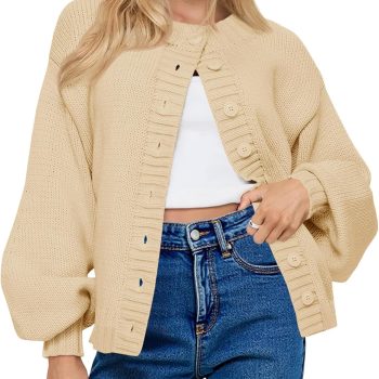 Womens Long Sleeve Button Down Cardigan Sweaters Crew Neck Open Front Knit Casual Loose Fit Fall Sweater Coat