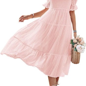 Women  Summer Square Neck Puff Sleeve Boho Midi Dress Swiss Dot Ruffle Flowy Tie Back Dress