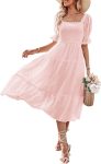 Women  Summer Square Neck Puff Sleeve Boho Midi Dress Swiss Dot Ruffle Flowy Tie Back Dress