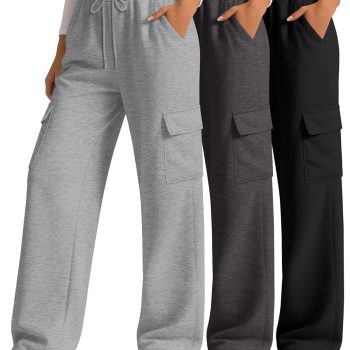 3 Pack Women's Cargo Sweatpants Wide Leg Baggy Loose Elastic Drawstring Pants Casual Athletic Joggers with 4 Pockets