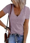 Women Summer Short Sleeve V Neck T Shirts Casual Ribbed Button Henley Knit Tops Blouse