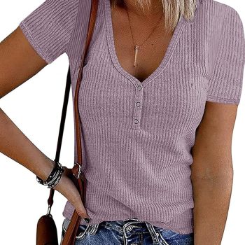Women Summer Short Sleeve V Neck T Shirts Casual Ribbed Button Henley Knit Tops Blouse