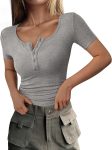 Women  Spring Summer Short Sleeve Tops Ribbed Henley Button Slim Fit Basic Casual T Shirts Blouse Clothing