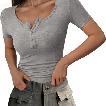 Women  Spring Summer Short Sleeve Tops Ribbed Henley Button Slim Fit Basic Casual T Shirts Blouse Clothing