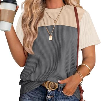 Women Fashion  Color Block Shirts Short Sleeve Crewneck Knitted Spring Summer Tops Casual Trendy