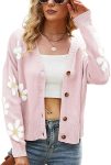Womens Ribbed Knit Cardigans Slouchy Cute Smile Graphic Pretty Daisy Button-up Jacquard Knitted Sweater Coat
