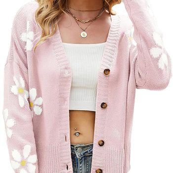 Womens Ribbed Knit Cardigans Slouchy Cute Smile Graphic Pretty Daisy Button-up Jacquard Knitted Sweater Coat
