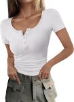 Women  Spring Summer Short Sleeve Tops Ribbed Knit Henley Button Up Slim Fit Basic Casual T Shirts Blouse